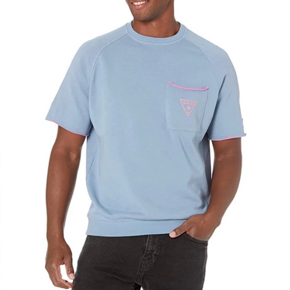 Guess Light Blue Tee with Pink Trim Chest Pocket